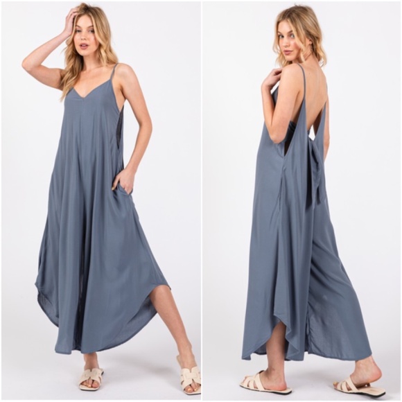 063 Solid Back Tie Cut out Wide Leg Cami Jumpsuit - Picture 1 of 9